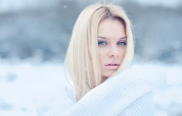 Холод, зима, глаза, взгляд, девушка, снег, ресницы, блондинка