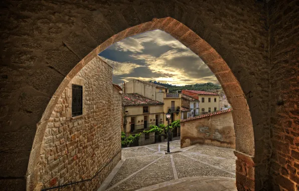 Город, улица, арка, Испания, Spain, Aragón, Teruel, Calaceite