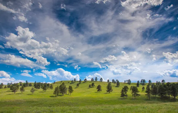 Картинка небо, трава, облака, фото, холмы