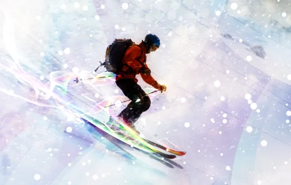 Картинка снег, горы, огни, спуск, лыжи, неон, лыжник