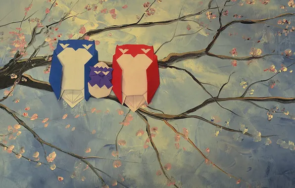 Ветви, стебли, совы, оригами, origami, branches, owls, stalks