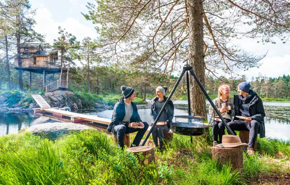 Картинка Деревья, Лето, Люди, Речка, Summer, Lyngdal, Friends eating around a bonfire, Друзья ужинают у костра