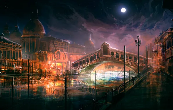 Картинка ночь, мост, город, река, луна, арт, полнолуние, венеция