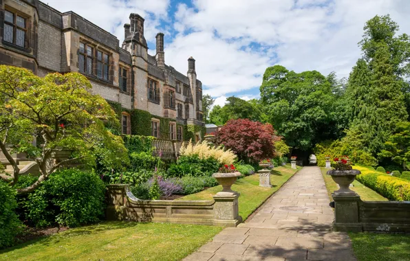 Лето, деревья, цветы, Англия, дворец, England, ландшафтный дизайн, Bakewell