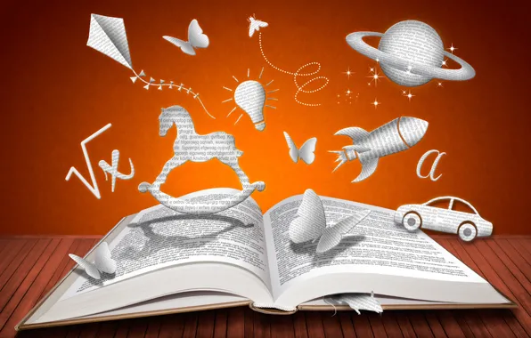 Лампочка, креатив, бабочка, планета, мышь, ракета, воздушный змей, книга