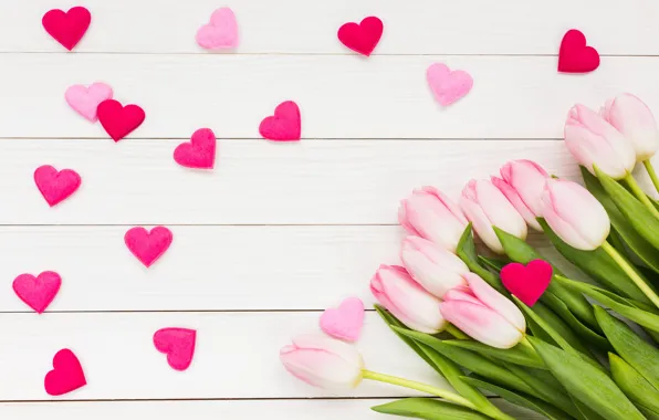 Любовь, букет, сердечки, тюльпаны, love, розовые, wood, pink