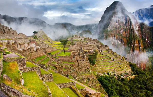 Картинка горы, город, туман, склоны, руины, Перу, Мачу Пикчу