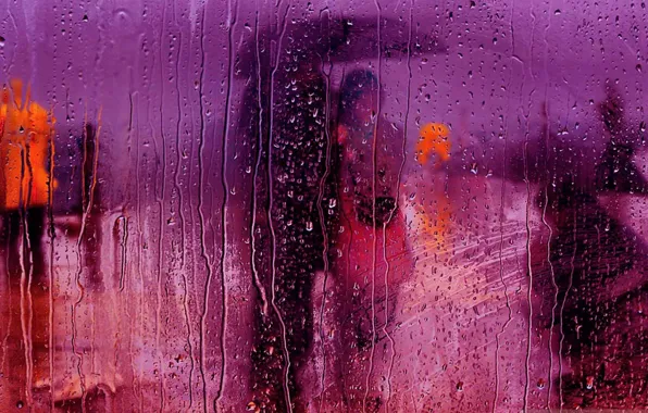 Картинка стекло, капли, дождь, улица, зонт, сюжет, пара