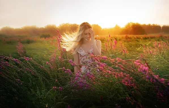 Картинка трава, солнце, свет, деревья, цветы, улыбка, волосы, Девушка