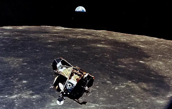 Картинка земля, луна, корабль, аполлон 11