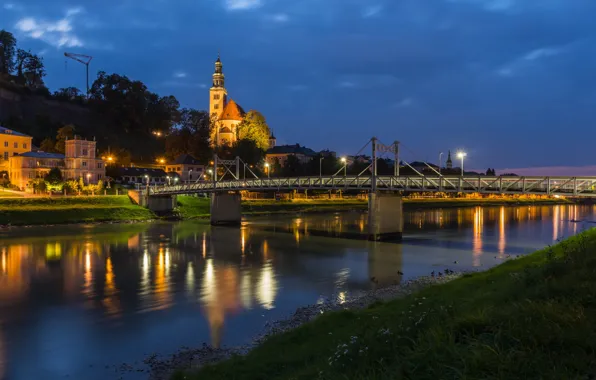 Мост, огни, река, вечер, Зальцбург, АВстрия