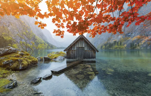 Картинка осень, горы, озеро, дом, листва, house, autumn, mountains