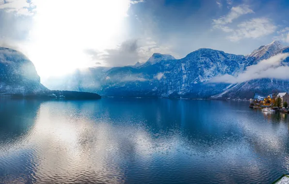 Картинка горы, озеро, дома, Австрия, Альпы, набережная, Austria, Hallstatt