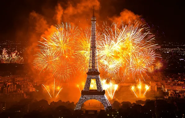 Картинка city, lights, Paris, tower, night, France, fireworks, La tour Eiffel