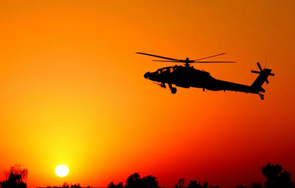 Картинка закат, силуэт, вертолет, Apache, красное марево, АН-64А