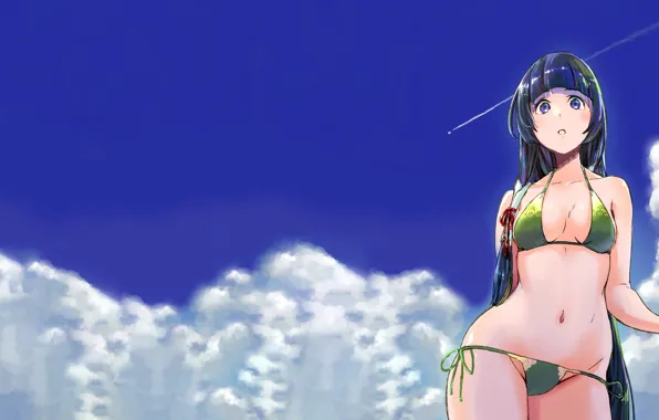 Girl, sexy, cleavage, sky, long hair, boobs, anime, beautiful