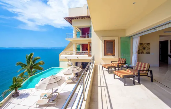 Вилла, интерьер, бассейн, балкон, Mexico, терраса, Puerto Vallarta, вид на океан