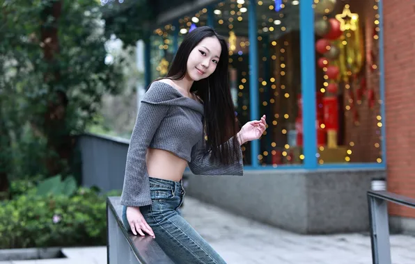 Девушка, поза, джинсы, кофточка, азиатка
