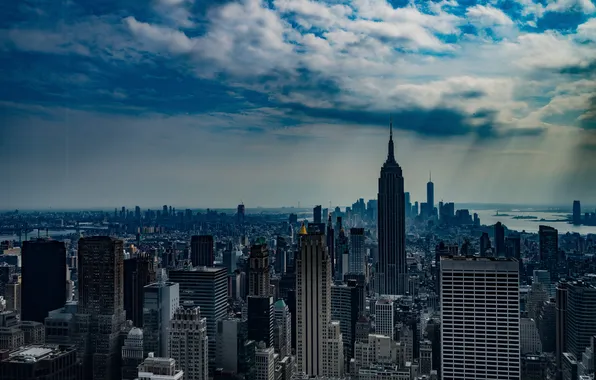 Небо, облака, Нью-Йорк, небоскребы, США, архитектура, Эмпайр-стейт-билдинг, вид с высоты птичьего полета