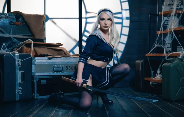 Girl, sword, legs, woman, stockings, beautiful, model, cosplay