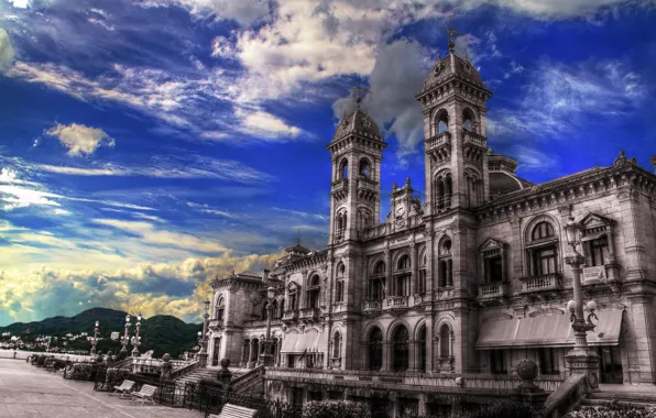 Небо, облака, замок, HDR, Испания, San Sebastian, Basque Country, Donostia
