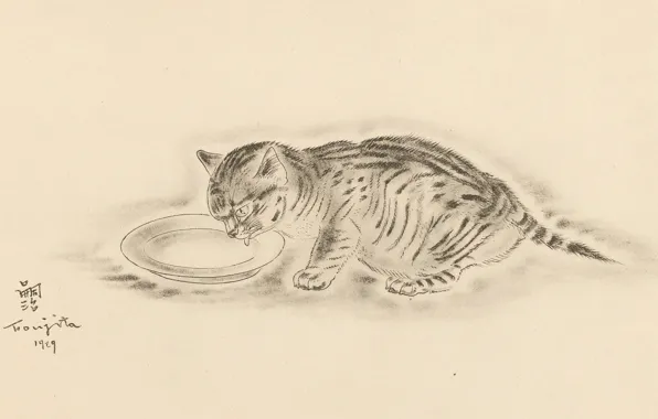 Картинка кот, молоко, миска, пьёт, 1929, лакает, Цугухару, Фудзита