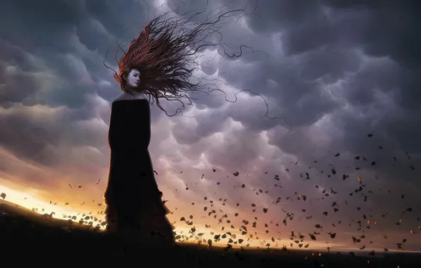Картинка девушка, ветер, волосы, Листья