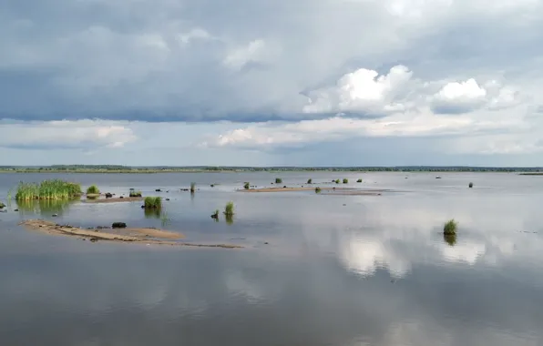 Небо, Вода, Песок, Природа, Облака, Трава, Озеро, Залив
