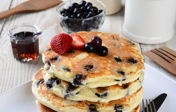 Ягоды, черника, блины, выпечка, berries, breakfast, pancakes
