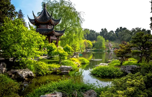 Зелень, деревья, пруд, парк, камни, Калифорния, пагода, США