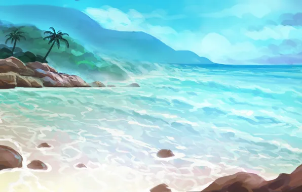 Картинка море, лето, пальмы, остров, арт, нарисованный пейзаж