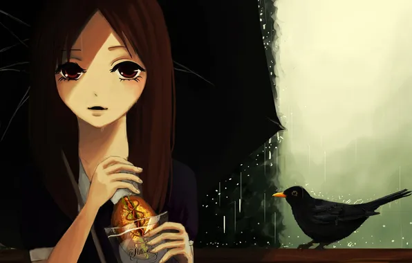 Картинка девушка, дождь, птица, еда, зонт, арт