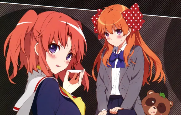 Взгляд, румянец, рыжая, бант, школьницы, crossover, Gekkan Shoujo Nozaki-kun, Chiyo Sakura