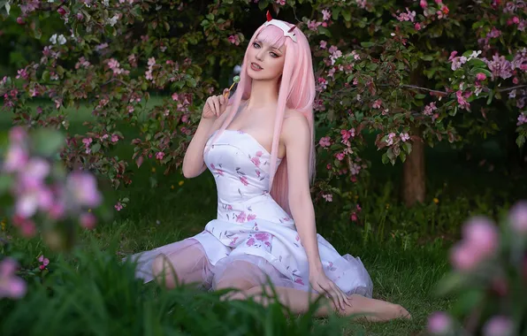 Картинка девушка, pink hair, dress, nature, anime, flowers, model, cosplay