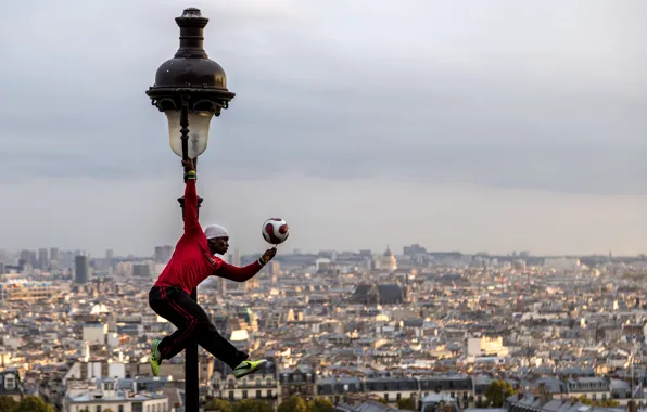 Картинка Франция, Париж, мяч, панорама, фонарь, Paris, футболист, France
