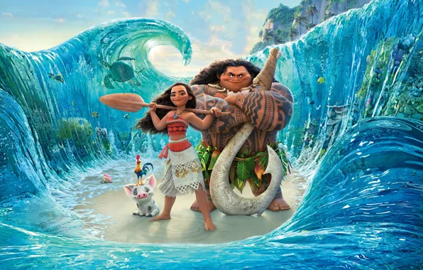 Картинка море, волны, мультфильм, девочка, персонажи, весло, Walt Disney Pictures, абориген