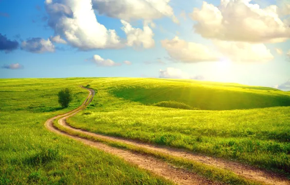 Картинка дорога, лето, небо, трава, солнце, облака, пейзаж, просёлочная