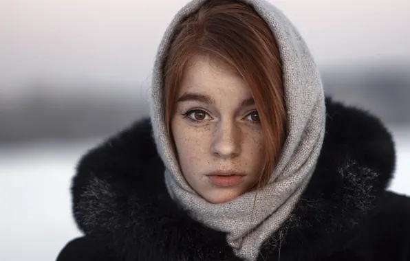 Картинка зима, веснушки, платок, Кирилл Москвин