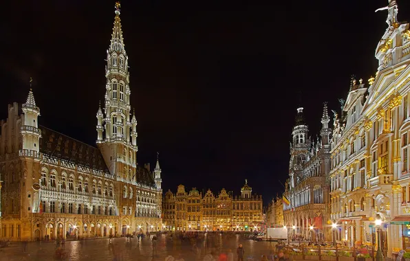Картинка ночь, огни, Бельгия, Брюссель, ратуша, площадь Гран-Плас, Брабантская готика
