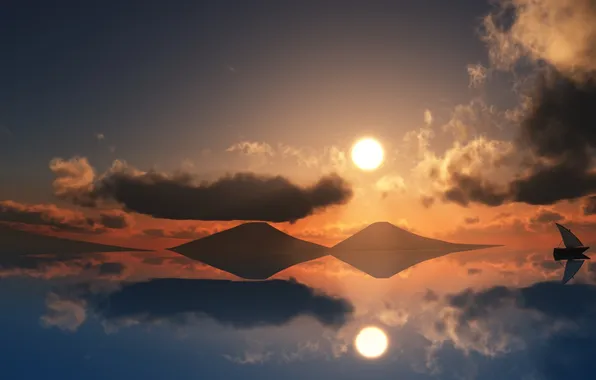 Картинка солнце, облака, парусник, море. горы