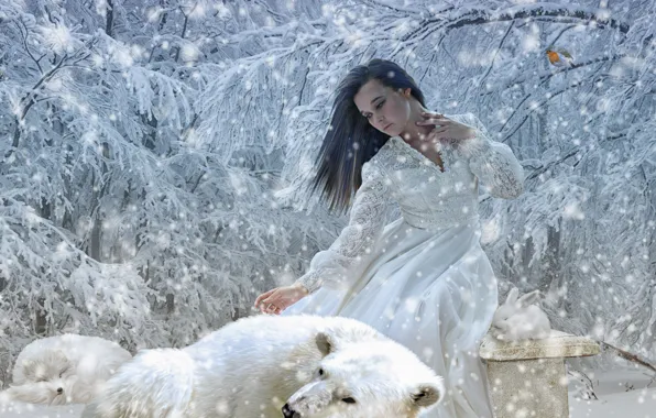 Картинка зима, девушка, снег, деревья, кролик, медведь, лиса, белый медведь