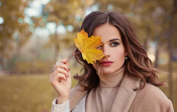 Осень, взгляд, девушка, парк, модель, макияж, осеннее настроение, лист в руке