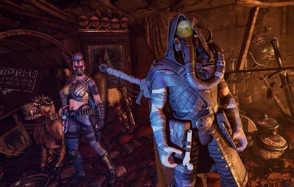 Игра, собака, меч, скафандр, руины, warhammer, шутер, Necromunda: Hired Gun