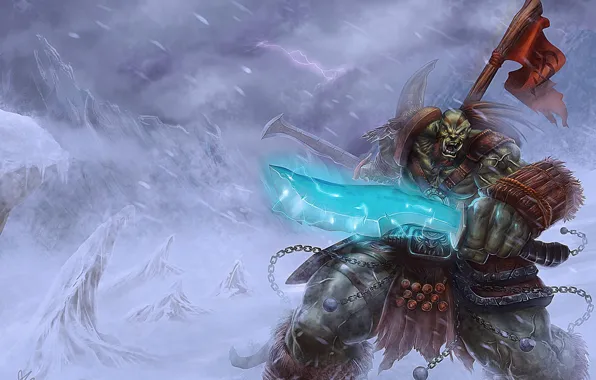 Картинка снег, меч, орк, wow, world of warcraft, знамя, orcs