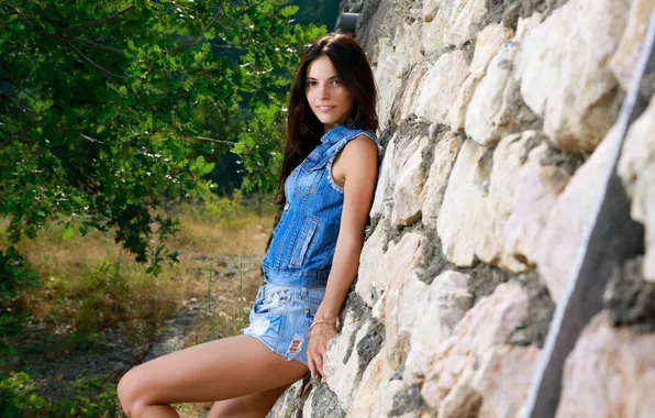 Model, Shorts, Aleksandrina, Denim Jacket, Against The Wall, Woman Outdoors