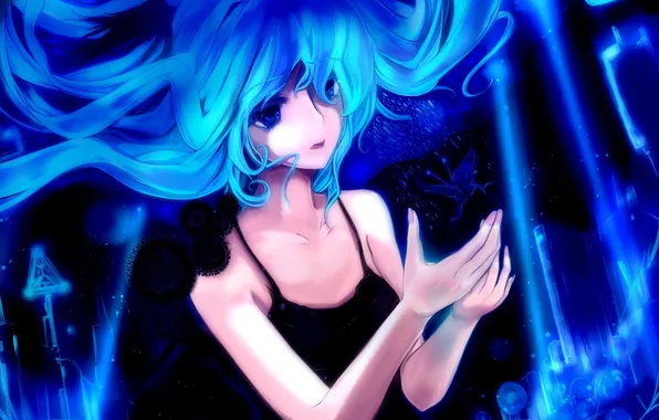 Девушка, круги, бабочка, волосы, арт, vocaloid, hatsune miku, вокалоид