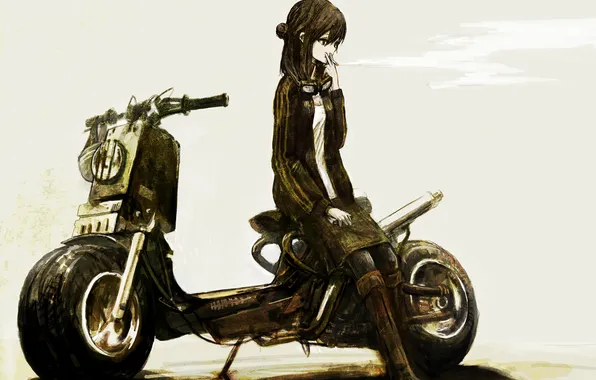 Картинка девушка, дым, сигарета, мотоцикл, короткие волосы
