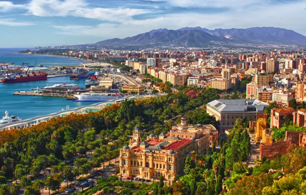 Море, горы, пальмы, дома, корабли, порт, панорама, Испания
