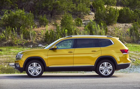 Жёлтый, Volkswagen, стоянка, кустарник, Atlas, 2017