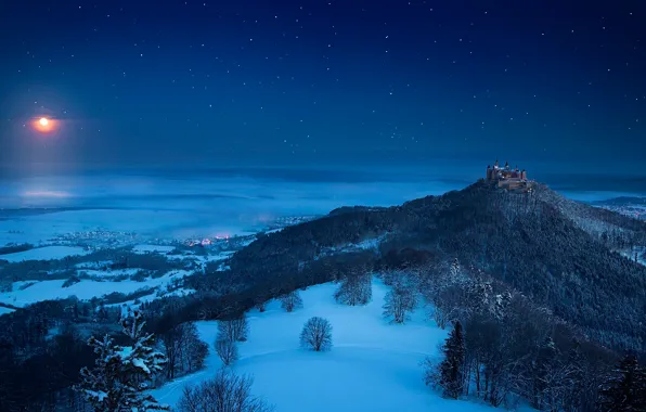 Картинка зима, ночь, замок, луна, звёзды, Winter, Fairy tale